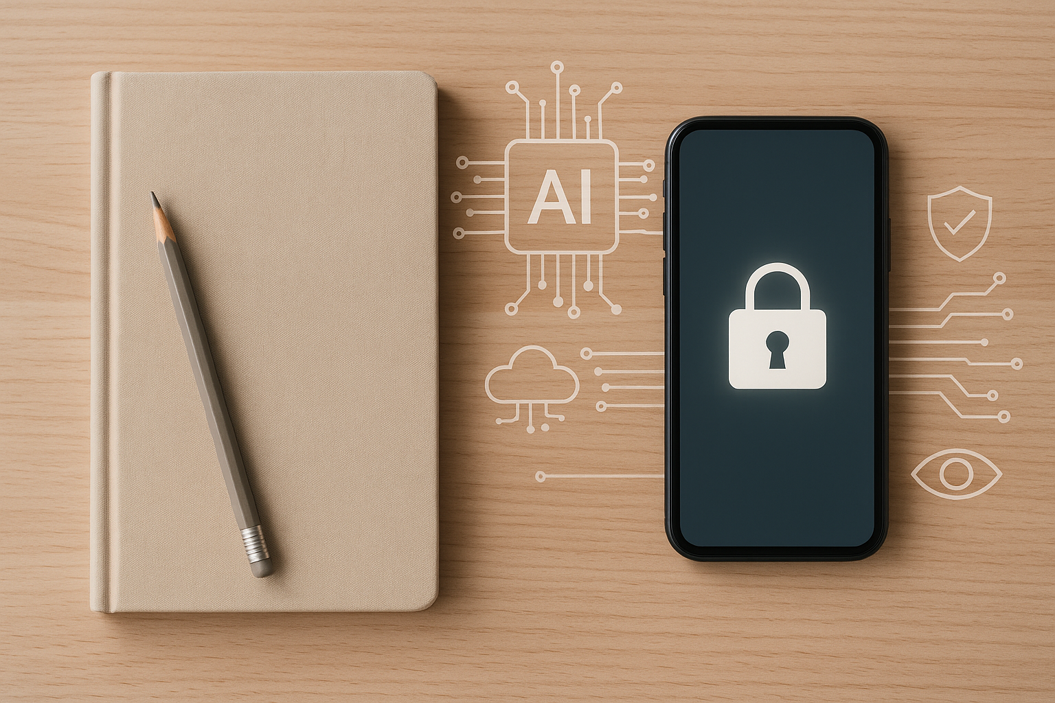 A closed journal beside a smartphone showing a lock icon on a calm desk.